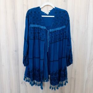 Indigo Thread Boho Embroidered Kimono Cardigan Size M Blue Tassel Floral Cottage